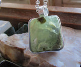 Natural Green Prehnite Crystal Cube Wire Wrapped Pendant Necklace