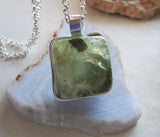 Natural Green Prehnite Crystal Cube Wire Wrapped Pendant Necklace