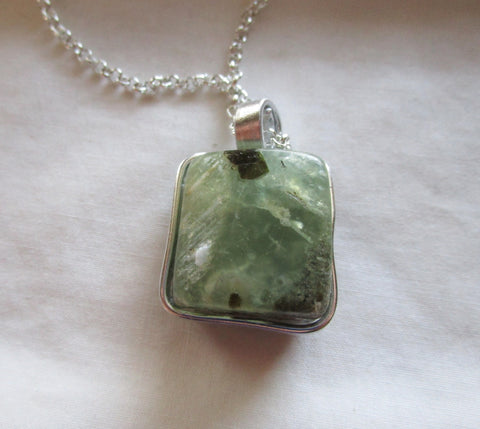 Natural Green Prehnite Crystal Cube Wire Wrapped Pendant Necklace