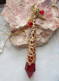 Vintage Gold Celtic Filigree and Red Crystal Prism Pendant Necklace