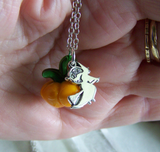 Orange Glass Pumpkin Sterling Silver Broom Riding Witch Pendant