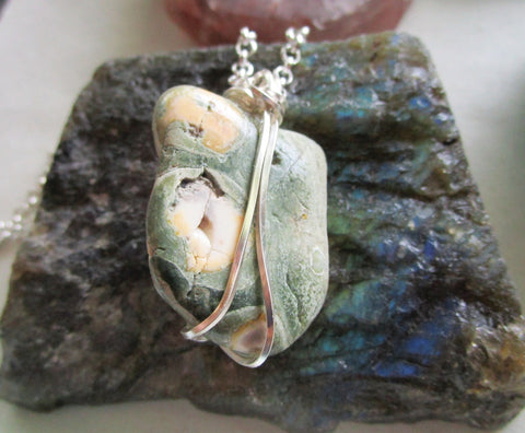 Rainforest Jasper Natural Green Stone Wire Wrapped Necklace