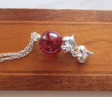 Red Mystic Quartz Crystal Ball Silver Hearts Pendant Necklace