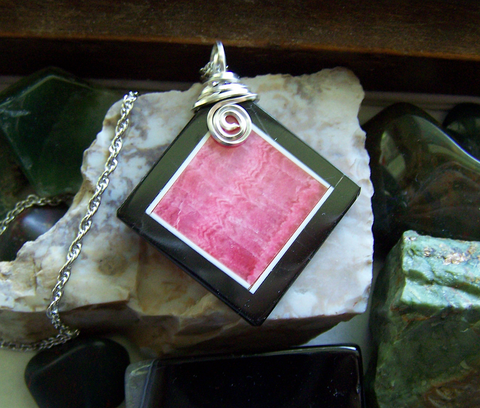 Rhodochrosite and Black Onxy Intarsia Gemstone Frame Pendant Necklace