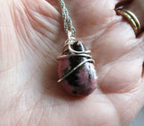 Natural Pink and Black Rhodonite Gemstone Crystal Pendant Necklace