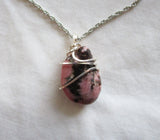 Natural Pink and Black Rhodonite Gemstone Crystal Pendant Necklace