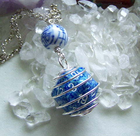 Blue D20 Caged Gamer's Dice Tao Character Shou Bead Pendant Necklace