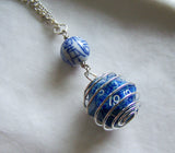 Blue D20 Caged Gamer's Dice Tao Character Shou Bead Pendant Necklace