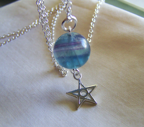 Sterling Silver Star Blue Rainbow Fluorite Crystal Ball Pendant