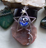 Silver Star Lampwork Glass Moon and Stars Pendant Necklace