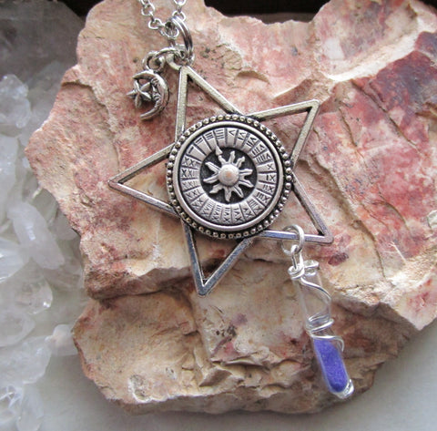 Silver Star Sundial with Hourglass Pendant Necklace