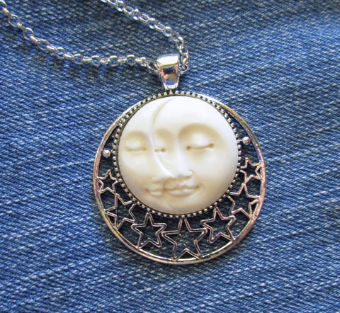 Sun and Moon Face Natural Carved Bone Pendant Necklace