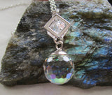 Swarovski Aurora Borealis Crystal Disco Ball Silver Cube Cage Pendant Necklace