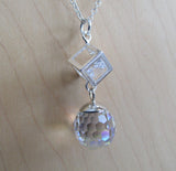 Swarovski Aurora Borealis Crystal Disco Ball Silver Cube Cage Pendant Necklace