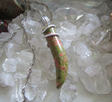 Unakite Natural Carved Stone Horn Wire Wrapped Pendant Necklace