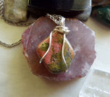 Unakite Natural Pink and Green Gemstone Wire Wrapped Pendant Necklace