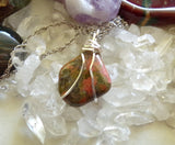 Unakite Natural Pink and Green Gemstone Wire Wrapped Pendant Necklace