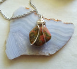 Unakite Natural Pink and Green Gemstone Wire Wrapped Pendant Necklace