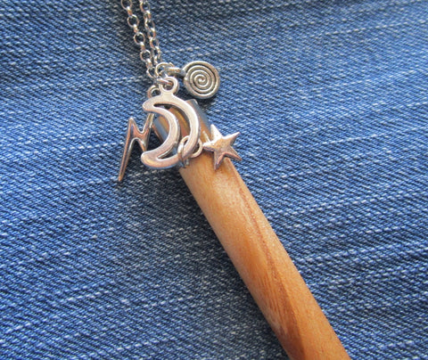 Natural Neem Wood Wand with Celestial Charms Pendant Necklace