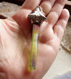 Silver Wolf Head Green Aura Quartz Crystal Pendant Necklace